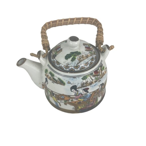 Vintage Hand-Painted Porcelain Teapot With Wicker Handle & Lid - Picture 2 of 8